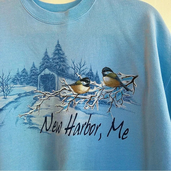Vintage “Maine” Sweatshirt Baby Blue Snowy Bird Winter Scene Chickadees Glitter - Picture 2 of 5